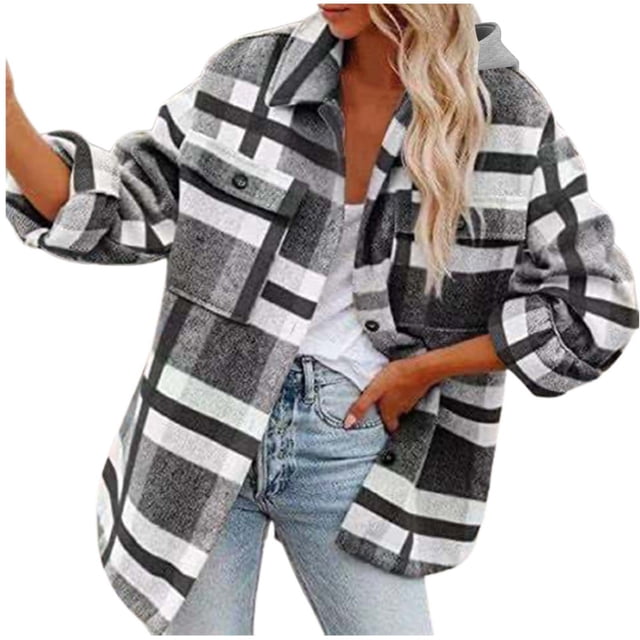 ZVAVZ Womens Plaid Shacket Jacket Plus Size Flannel Drape V Button Down Long Cardigan Fall Winter Coats for Women Dark Gray,M