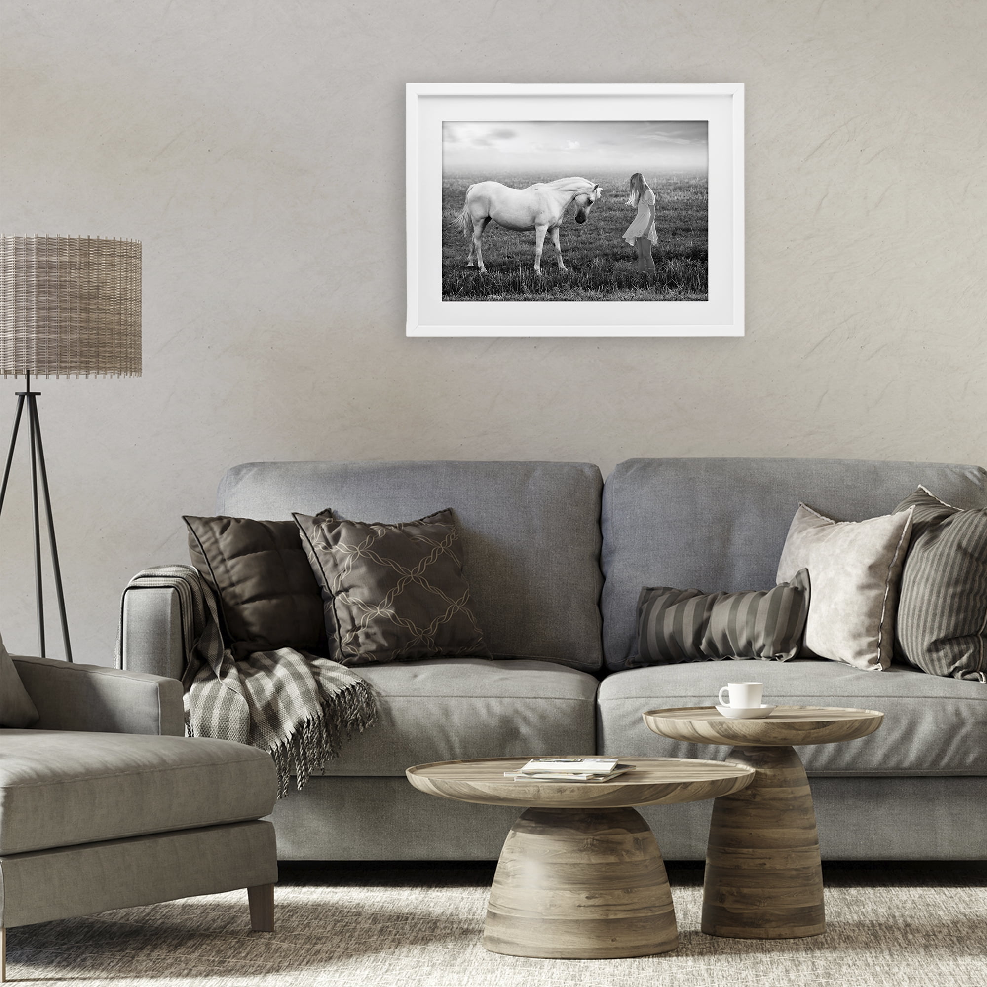 Her White Horse White Framed Print Under Glass, design by Ata Alishahi