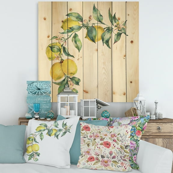 Designart 'Branch of Leaves and Yellow Lemons II' Tropical Print on Natural Pine Wood