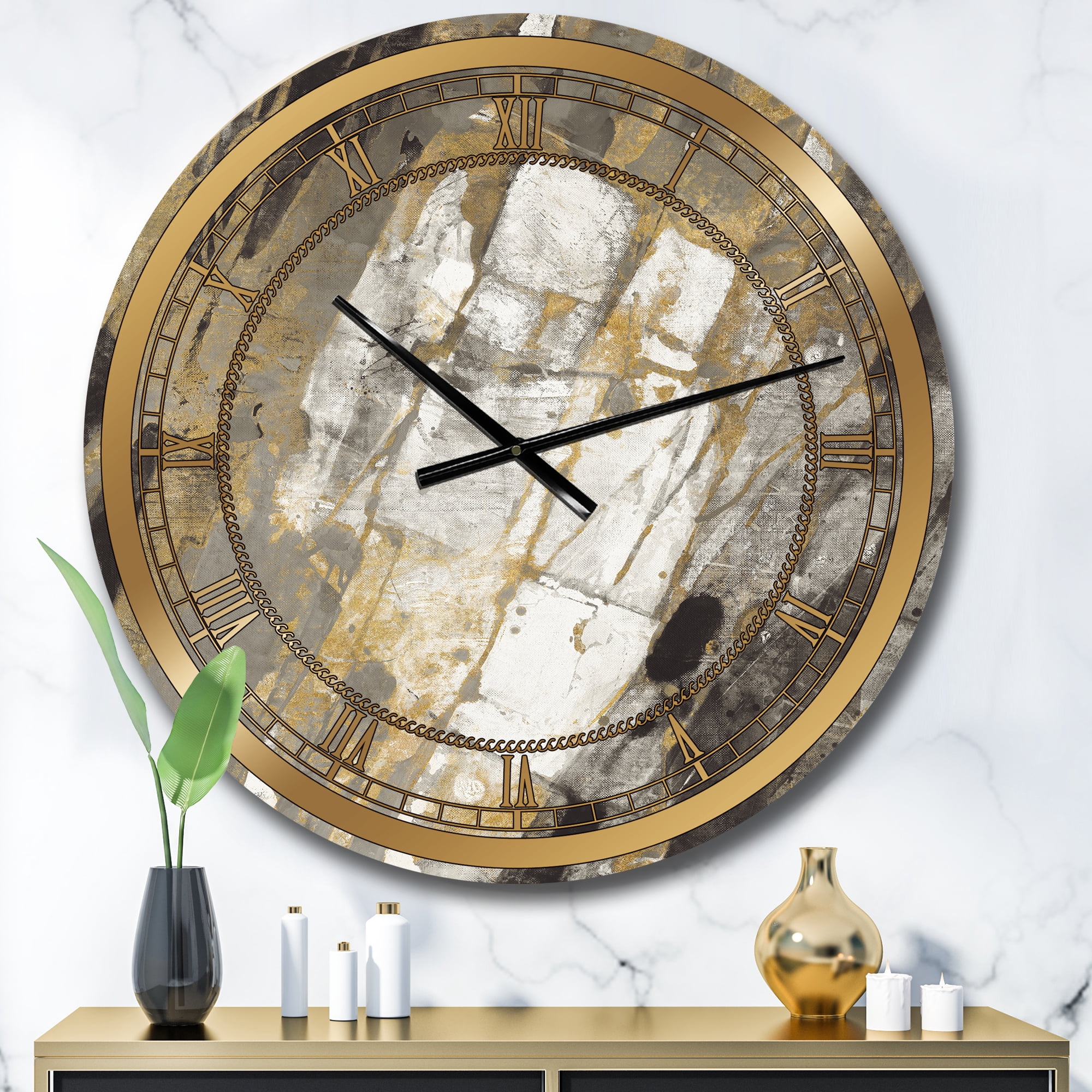 Designart 'Gold, Black and White Hanpainted Abstract' Metal Wall Clock