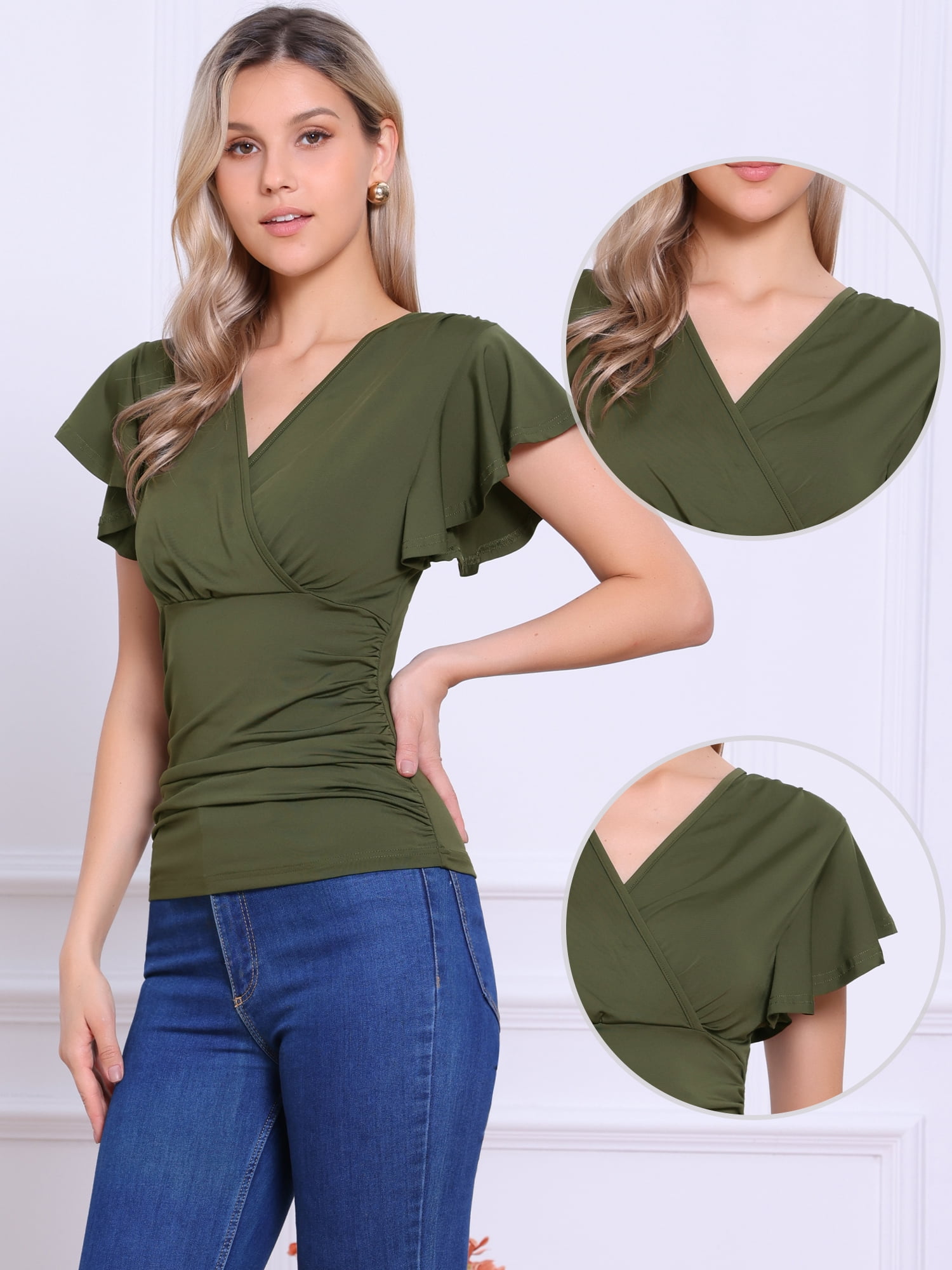 DARING DIVA Women's Stylish V Neck Cinched Waist Ruffle Sleeve Blouse M Dark Green