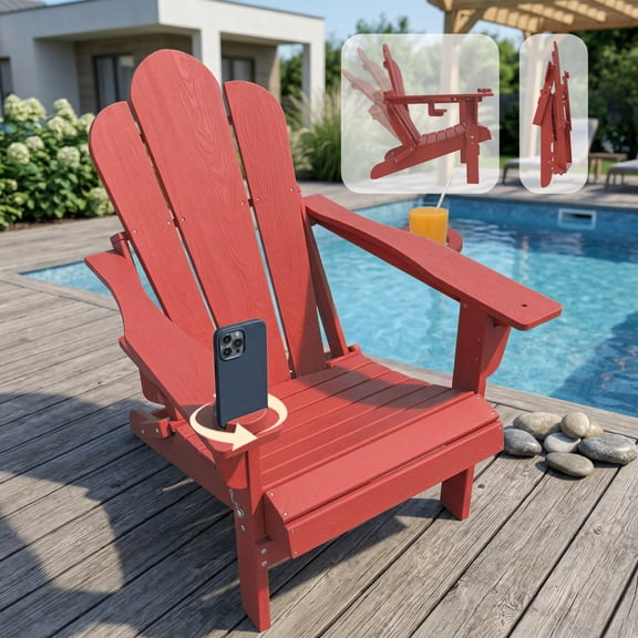 Tappio Folding Adirondack Chair All Weather HDPE Outdoor Patio Chairs with 3- Position Adjustable Backrest, Detachable Multifunctional Holders and Cup Holders, Fire Pit Chairs, Red
