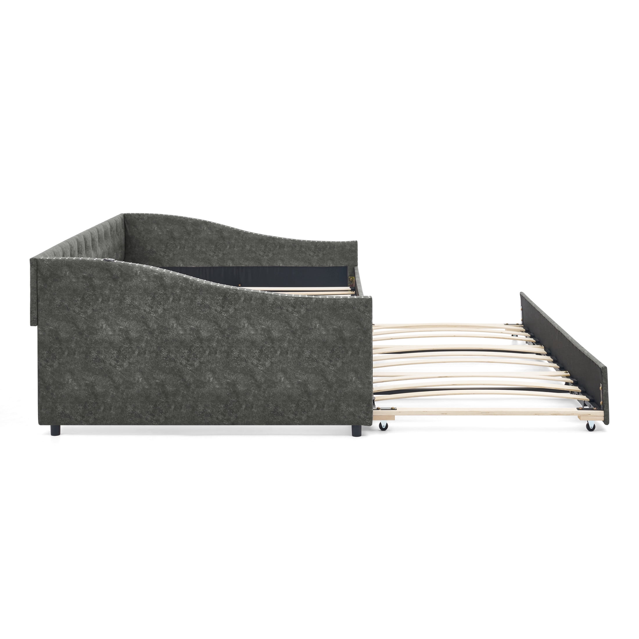 Noble House Liza Full Size Upholstered Tufted Daybed, Extendable Pull-out Double Bed Frame with Charging Port, Grey