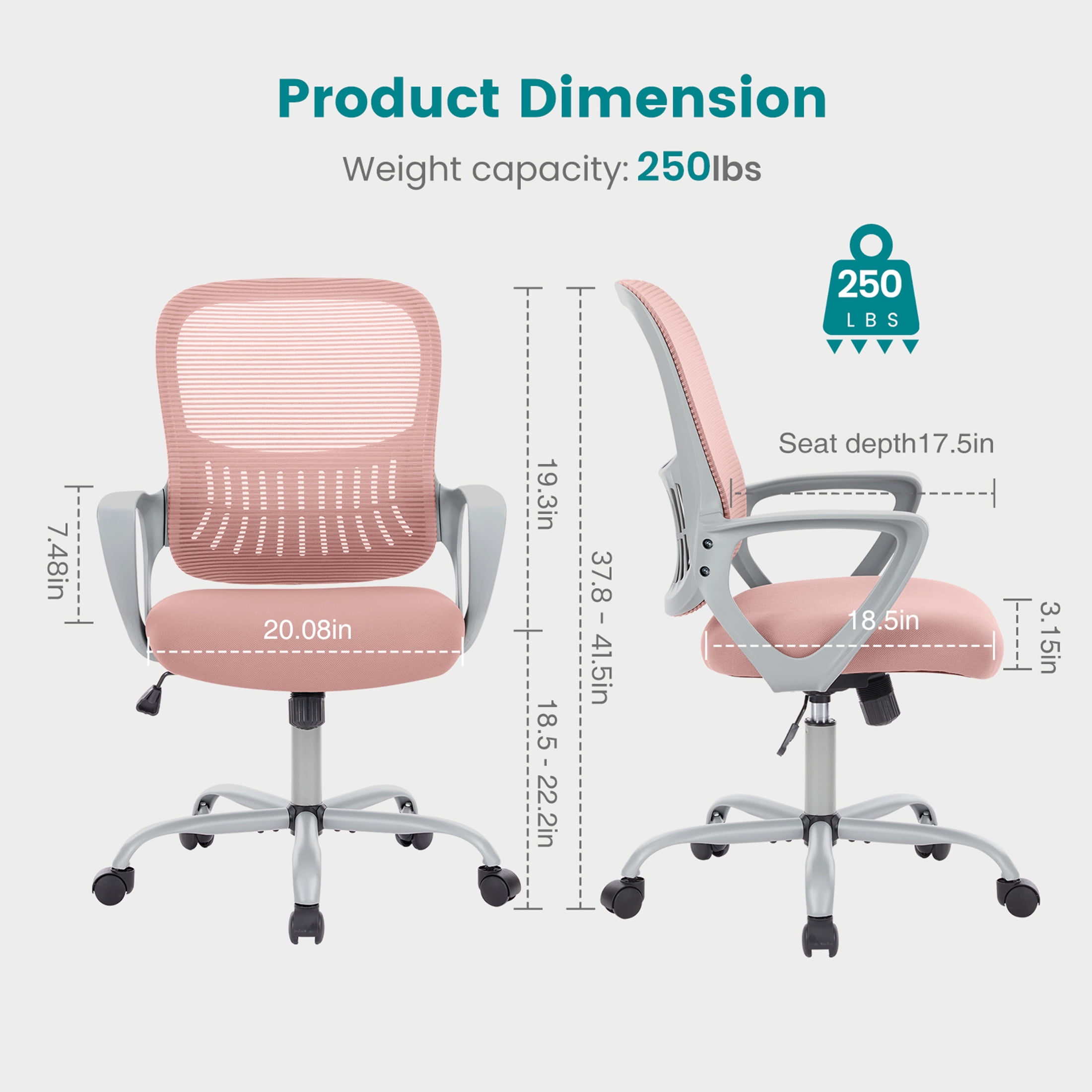 JOINSUN Office Mesh Chair, Ergonomic Mid-Back with Wheels, Lumbar Support, Armrests for Home, Pink
