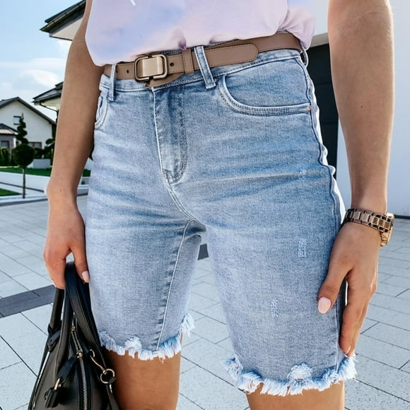 Joau Short en Denim Moulant Taille Basse pour Femmes, Déchiré et Usé, Décontracté, Poignets Roulés, Short en Jean Extensible, Short d'Été Hot Pants avec Poches