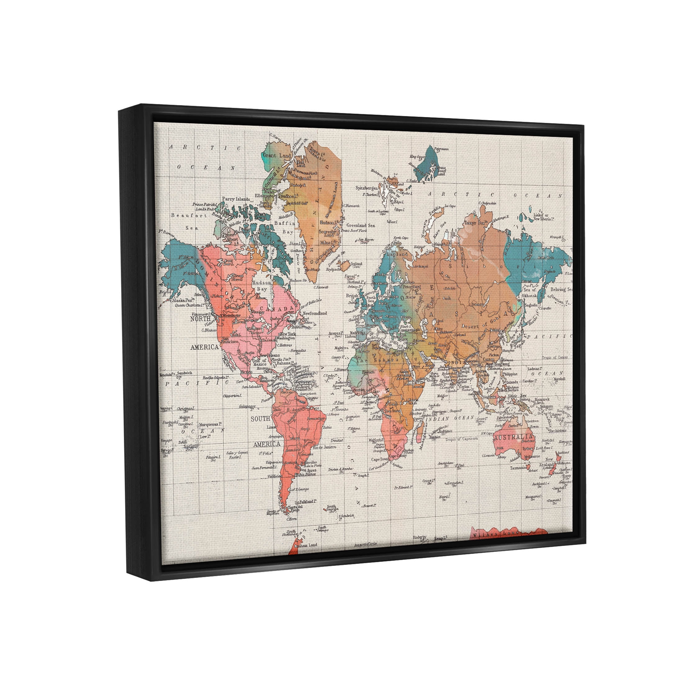 Stupell Industries Detailed Boho World Map Graphic Art Jet Black Floating Framed Canvas Print Wall Art, Design by Elizabeth Medley