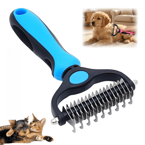 Pet Pro Grooming Tool for Dogs & Cats, Dual-Sided Deshedding and Dematting Brush, Stainless Steel Undercoat Rake for Long & Short Hair Pets, Gentle Pet Hair Remover Comb (Blue)