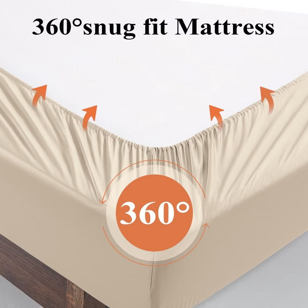 Shunjie.Home 100% Bamboo Fitted Sheet Only Queen Size, 400 Thread Count, 16" Deep, Super Soft, Beige