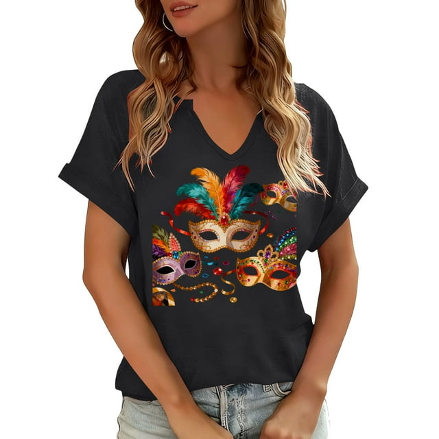 Xuyuer Mardi Gras V-Neck T-Shirt for Women Hearts Beads Carnival Tuesday Parade Loose Top short Sleeve Casual Tee Tshirts S-2XL Pattern T-Shirt - Casual Short-Sleeved Retro