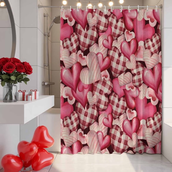 Valentine's Day Shower Curtain, 36" x 72", Modern Romantic Dark Pink Stripes Plaid Love Heart Waterproof Bathroom Curtain Washable Shower Curtain Set with 12 Hooks