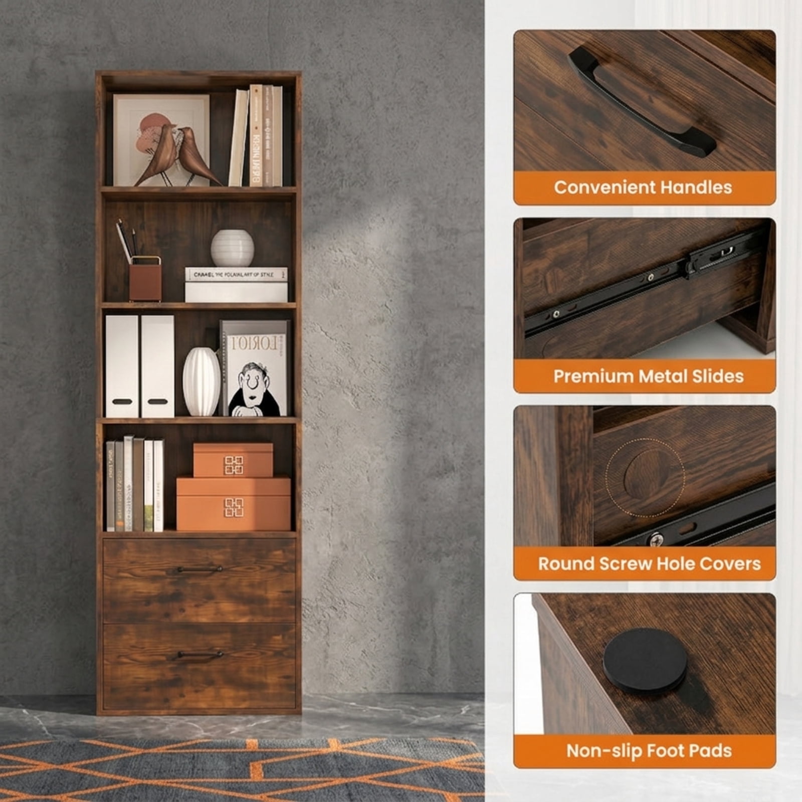 Furnibear 6-Tier Tall Freestanding Bookshelf with 4 Open Shelves and 2 Drawers for Home Office Living Room and Study, Rustic Brown