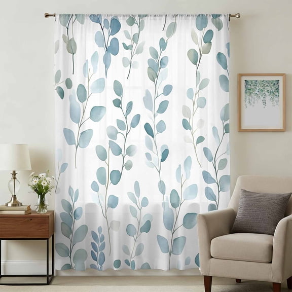 Blue Teal Botanical Sheer Curtains 54 Inches Long, Eucalyptus Leaves Watercolor Summer Light Filering Curtains, Breathable Simi Curtain Privacy Drapes for Kitchen Bathroom Small Window Treatment