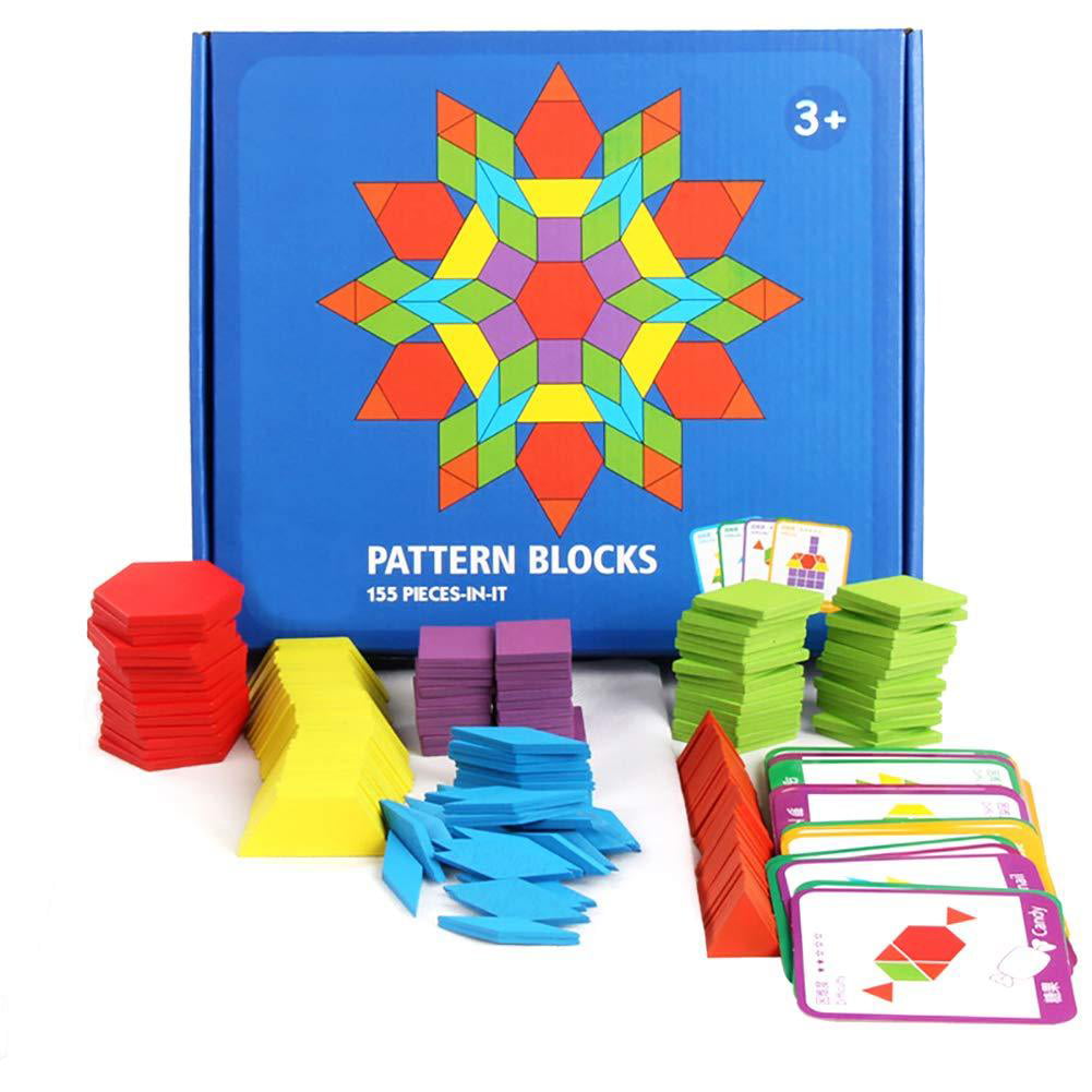 GEMEM 155 Pcs Wooden Pattern Blocks Set Geometric Shape Puzzle Kindergarten Clas 