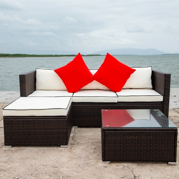 Medgthi Patio Furniture Set, 3 Piece Outdoor Patio Sectional Wicker Rattan Furniture Sofa Set For Yard,Pool or Backyard (White)