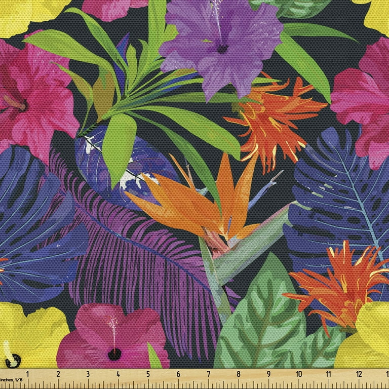 Colorful Fabric by the Yard Vibrant Colored Bedding Plants Hibiscus Bloom Floral Jungle in Summer Time Decorative Upholstery Fabric for Sofas and