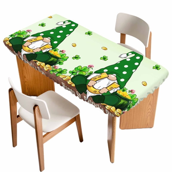 St. Patrick's Day Table Cloths for 4 Foot Rectangle Tables, Gnomes Shamrocks Gold Coin Ombre Green Patio Waterproof Elastic Fitted Tablecloths, Washable Rectangular Table Cover for Camping