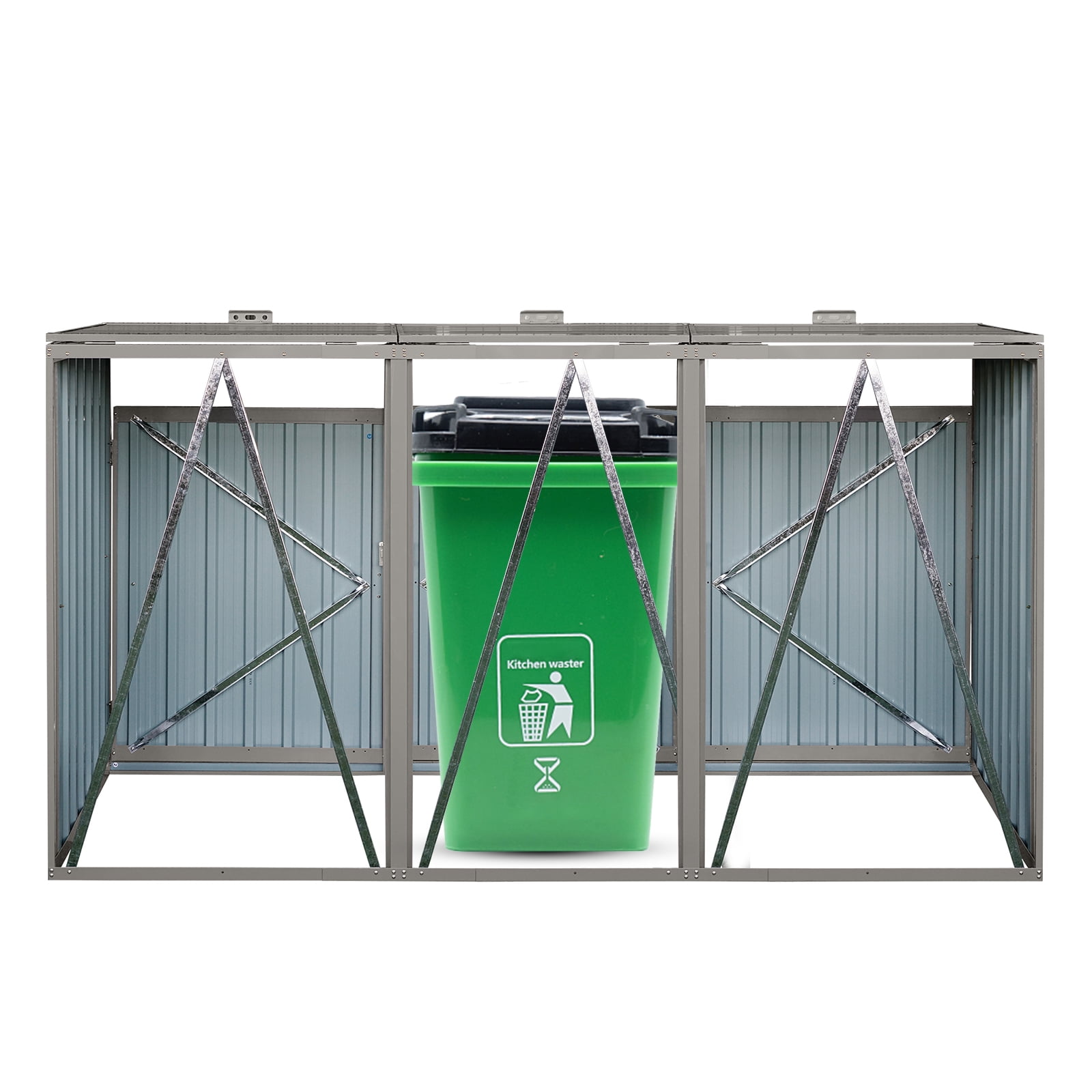 Outdoor Metal Garbage Bin Shed, Lockable Waterproof Storage Shed for 3 Trash Cans, Patio Waste Enclosure