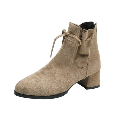 

Fsqjgq Comfy Boots for Women Women Ankle Boots Autumn and Winter Fashion Solid Bow Knot Comfortable Square Heel Thick Heel Back Zipper 8 Heel Khaki 40