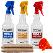 Duracare Clear Spray Bottles, 32oz 3-Pack - Industrial Strength, Chemical Resistant & Leak Proof Plastic Spray Bottles w/ Adjustable Nozzles, 2 Microfiber Cloths, & Collapsible Funnel