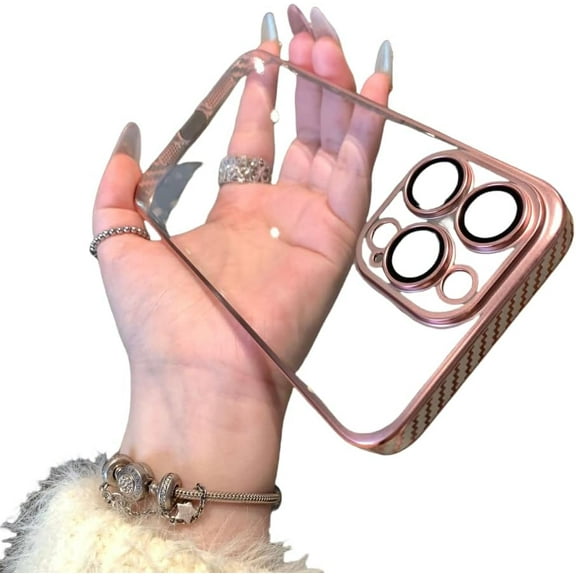 Electroplated Carbon Fiber Bezel Case, Clear Phone Case, Lens Full Cover, Hard Case, Drop Resistant and Wear Resistant, for iPhone 15 14 13 12 Pro Max Plus Phone Case (Rose Gold,iPhone 13 Pro Max)