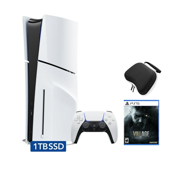 PlayStation 5 Slim Disc Edition Bundle with Resident Evil Village and Controller Case - PS5, White