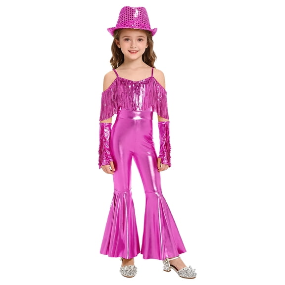 TiaoBug Kids Girls Off Shoulder Fringe Jumpsuit Disco Outfit for Retro Themed 70s Party & Stage Performance Hot Pink 8