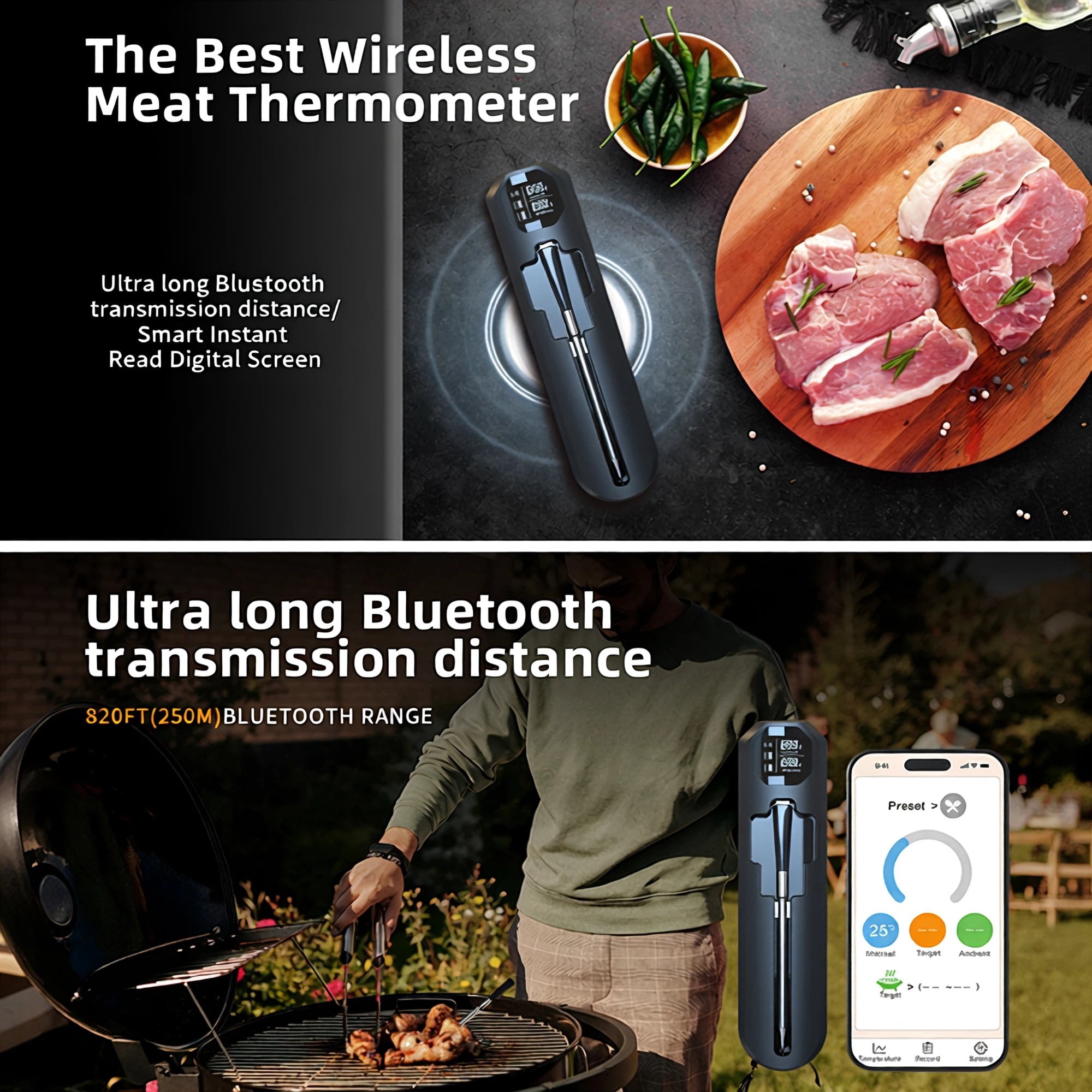Beloadence Wireless Meat Thermometer, Digital Smart Wireless Ultra-Thin IPX7 Waterproof Meat Thermometer for BBQ Grill, Oven, Air Fryer