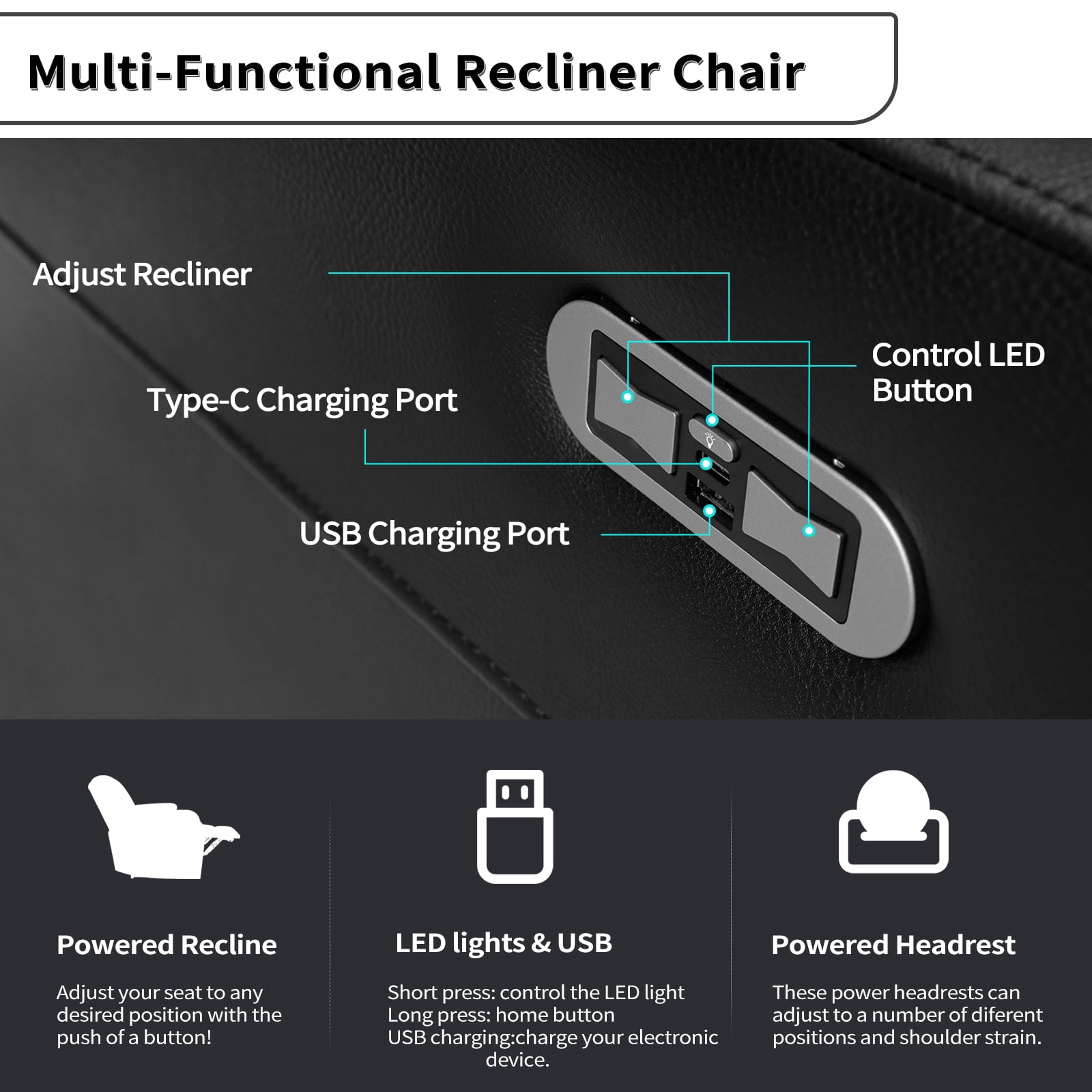 Bonzy Home Electric Power Recliner Chair, Breathable Leather, LED Light, USB Ports, Cup Holders, Hidden Storage, Home Theater Seating