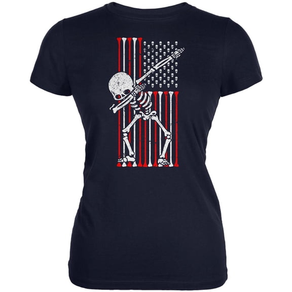 4th of July Dabbing Skeleton American Flag Skulls Juniors Soft T Shirt Navy MD