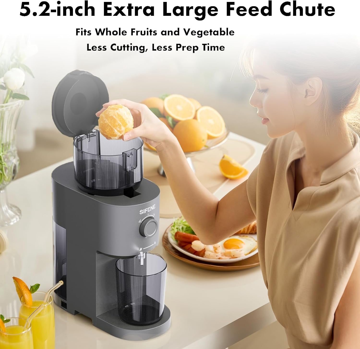 Cold Press Juicer Machine, SIFENE Slow Masticating Juice Extractor with 5.2" Wide Feed Chute (Some Fruits Require Cutting/Pitting), BPA-Free, Quiet Operation, Easy Clean, High Juice Yield, Juicer for