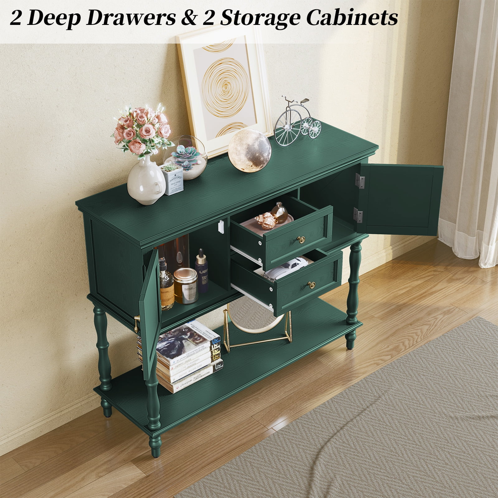 HLR 42" Farmhouse Modern Console Table, Entryway Table with Storage Shelf for Living Room, Green