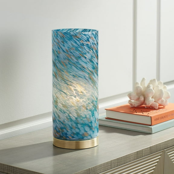 360 Lighting Modern Coastal Accent Table Lamp 13 1/2" High Brass Blue Art Glass Cylinder Shade for Bedroom Living Room Nightstand