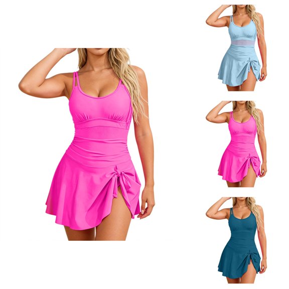 One Piece Swimsuit Women Scoop Neck Tummy Control Ruched Tie Knot Swim Dress Bathing Suit Swimwear