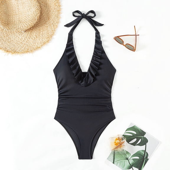 UPPADA Halter Swim Dress Womens One Piece Solid Color Swimsuit Cute Bathing Suits Tummy Control Cheeky Swimsuits Full Coverage One Piece Swimsuit Black,L