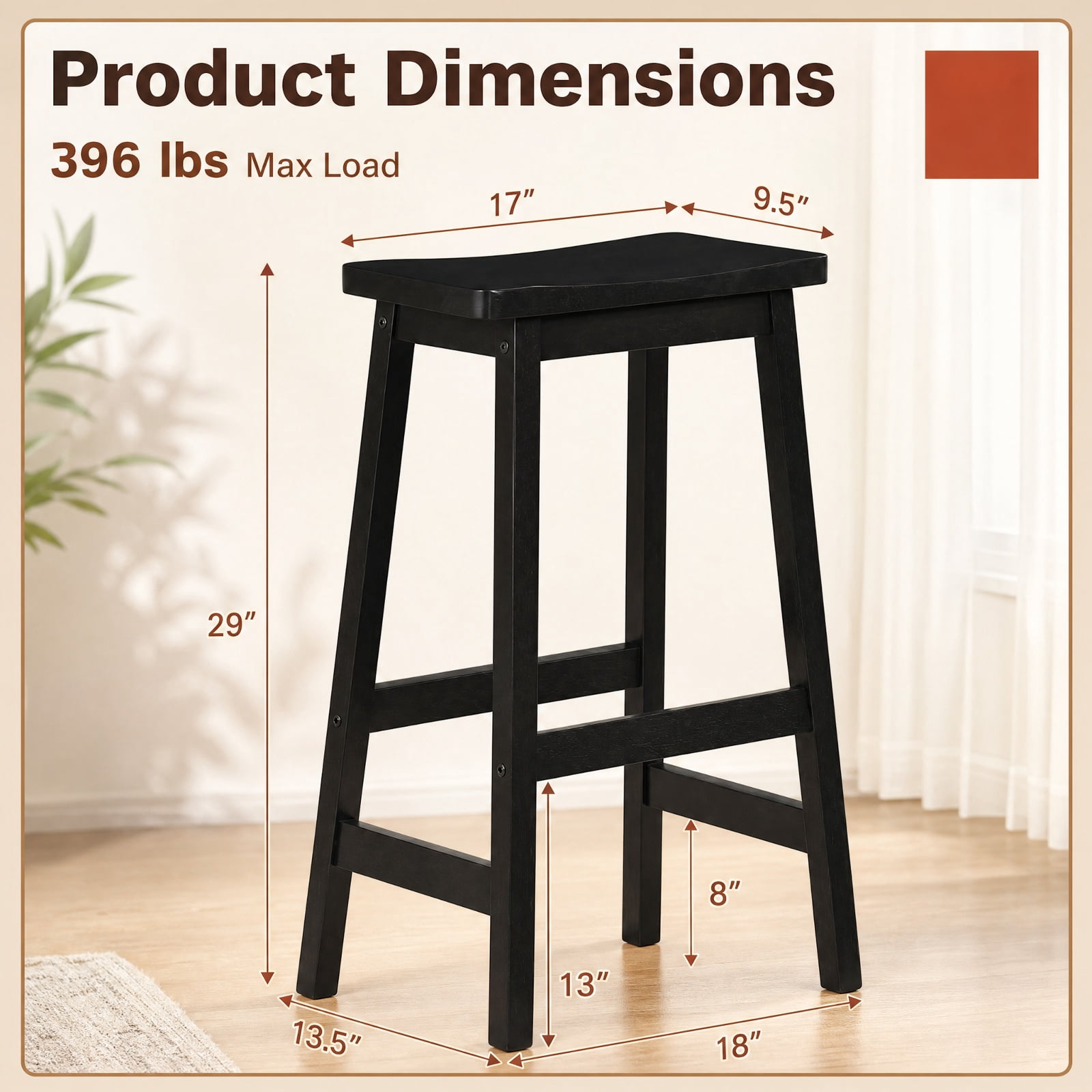 Furnibear 29" Set of 2 Saddle-Seat Counter Height Stools with Curved Seat and Footrests for Kitchen Island Counter Bar Pub Dining Home, Black