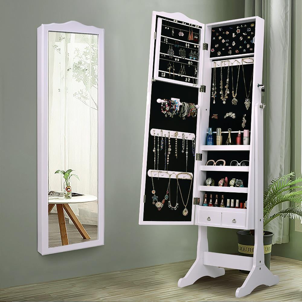 NEW Lockable Mirrored Jewelry Cabinet Armoire Mirror Organizer Storage Box Stand 