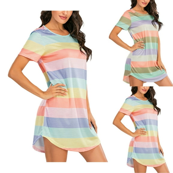 Chroia Women's 2025 Rainbow Casual Dress - Short Sleeve Cotton Summer Pajama Nightgown