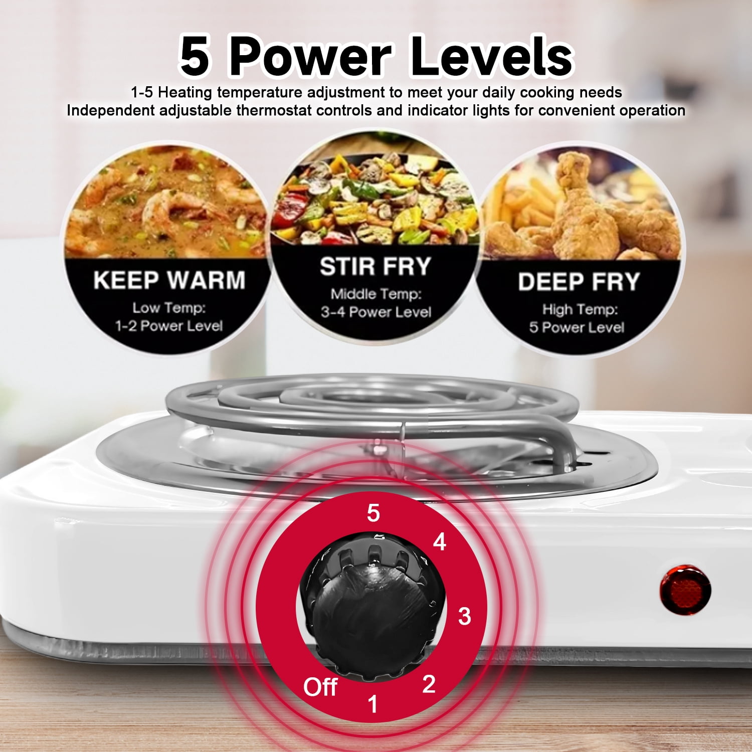 Hot Plate,Double Burner, 2000W Electric Stove Burner with 5 Levels Temperature Control, Countertop Double Coil Burner Cast Iron Cooktop for All Cookwares Home Camp RV,White
