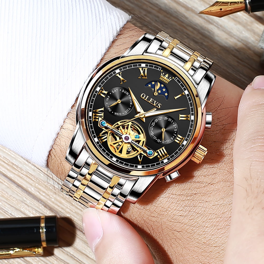 OLEVS Automatic Watches for Mens Skeleton Mechanical Self Winding Chronograph Calendar Classic Dress Moon Phase Multifunction Mens Wrist Watches Luminous Waterproof Stainless Steel Reloj Para Hombre