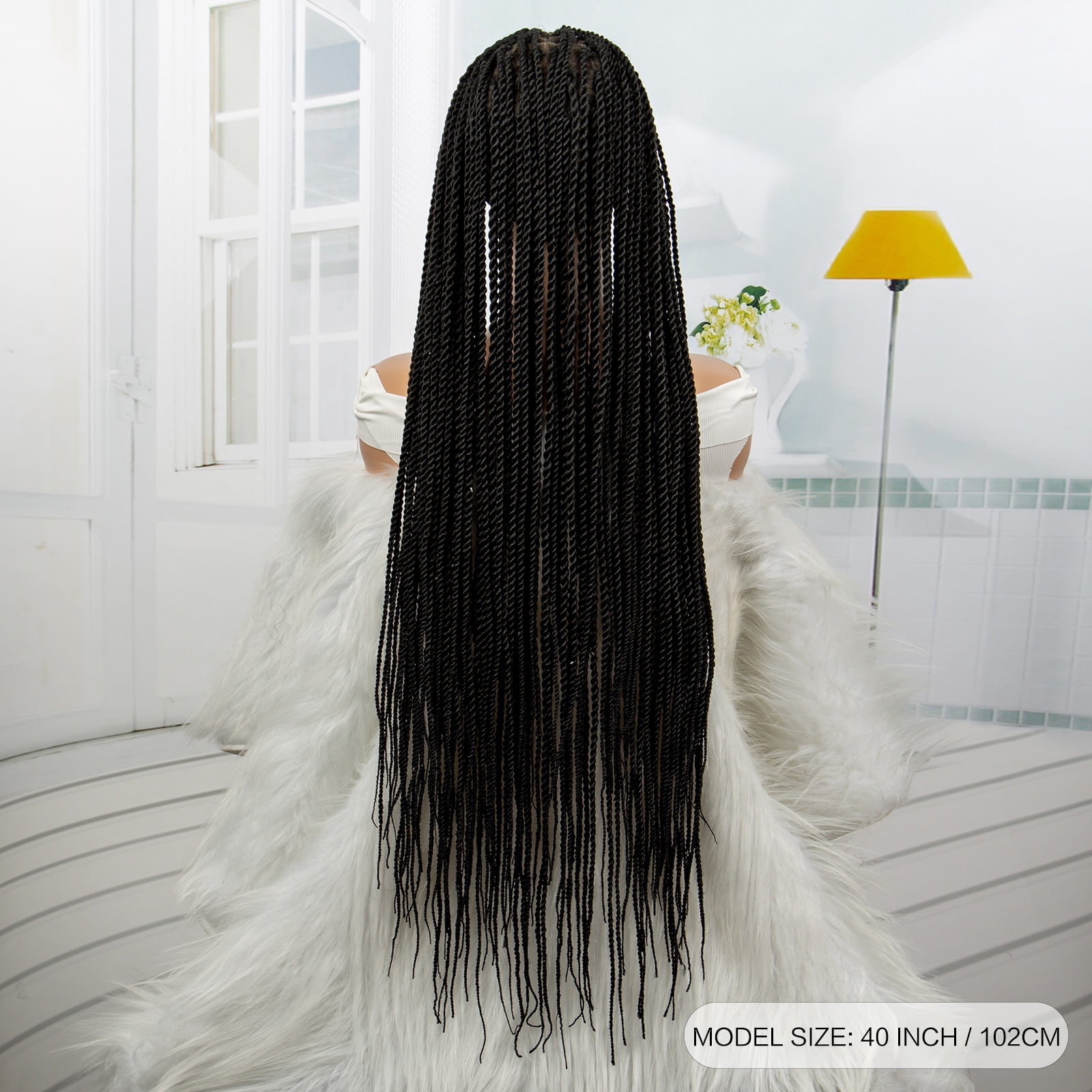 Super Long 40 Inches Twist Braided Wigs Synthetic Full Lace Frontal Wig Knotless Braiding Wigs Pre Plucked with Baby Hair for Black Women Black Color