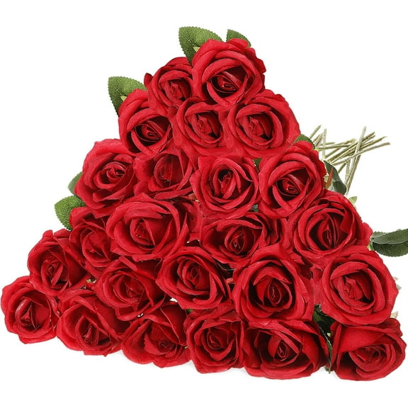 Morttic 24 Pcs Rose Artificial Flowers with Long Stem Realistic Silk Roses Bulk Real Touch Plastic Bouquet of Roses for Home Bridal Wedding Party Table Centerpieces Decorations (Red)