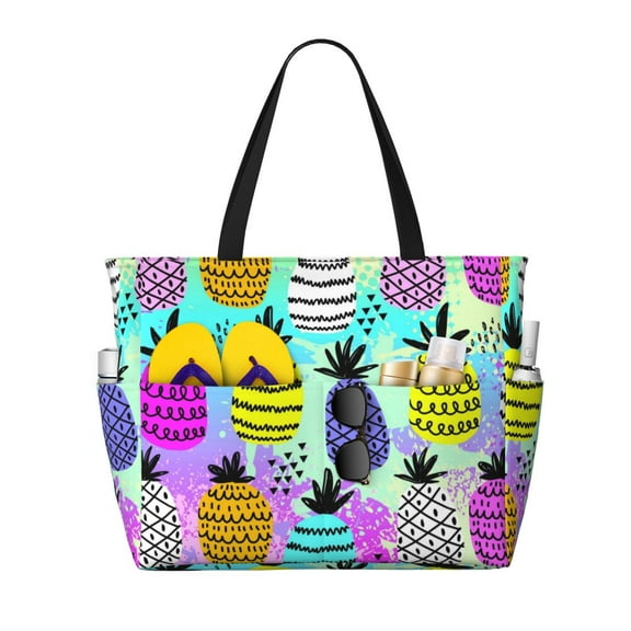 Large Beach Bags Water-resistant Sandproof - Graffiti Pineapples Cute Beach Tote Bags for Women with Zipper