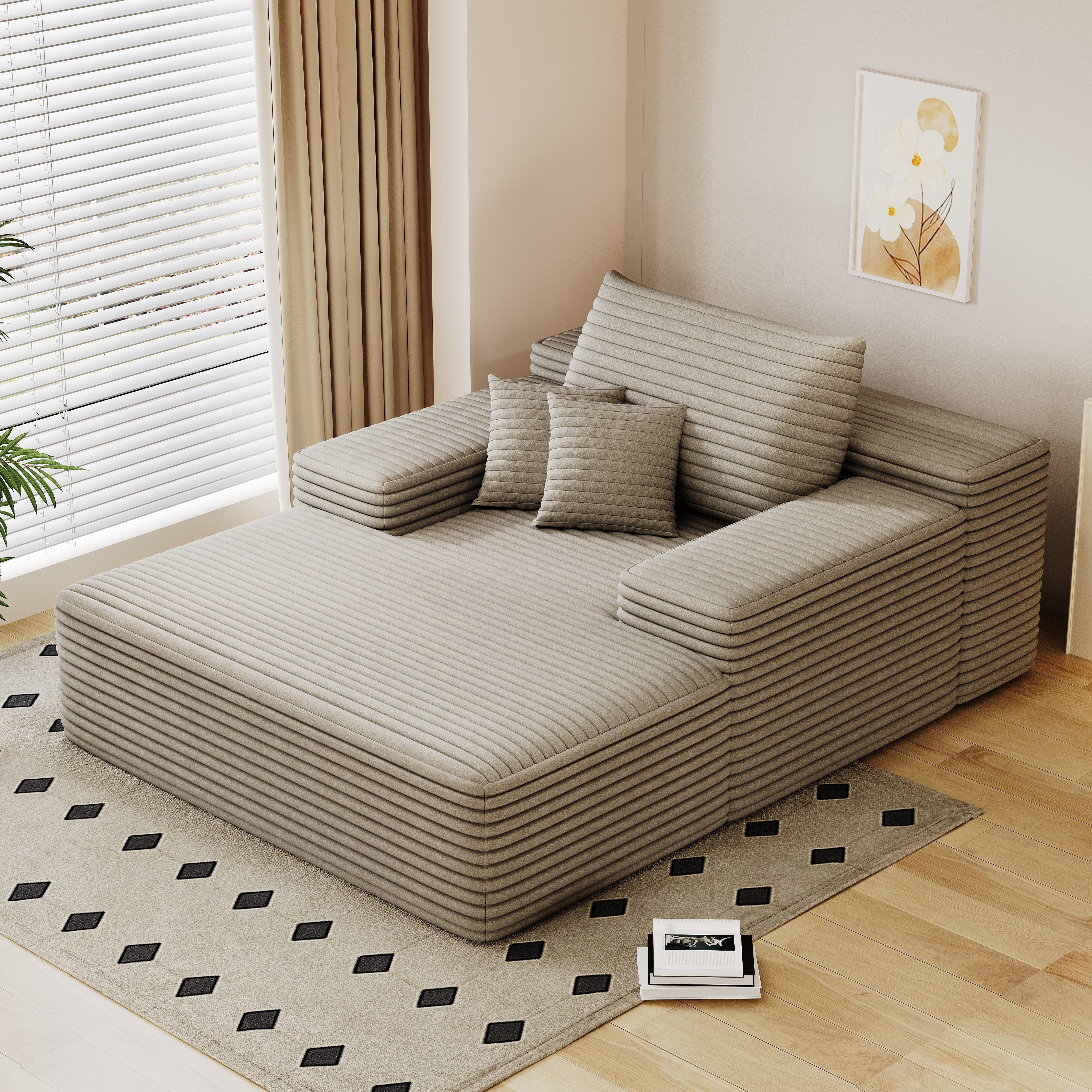 MAYEERTY 68"×51" Chaise Lounge Camel Plush Faux Fur Oversized Sofa Bed Living Room