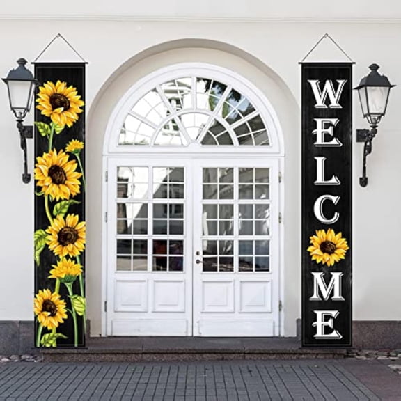 2pcs 72 x 12 Inch Decorations Banner, Sunflower Welcome Hanging Banner Summer Banner, Black Background