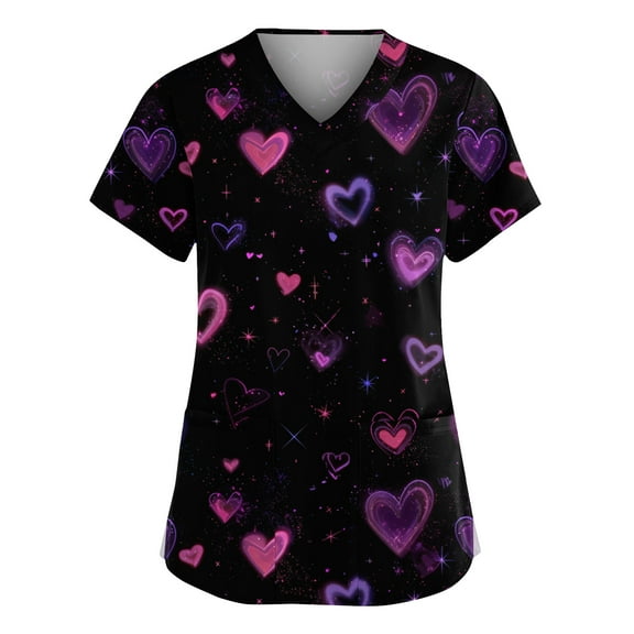 Stichou Womens Valentines Scrub Tops Plus Size Love Heart Print Holiday Short Sleeve Nurse Uniforms Comfort V-Neck Workout Tops with Pockets Dark Blue M