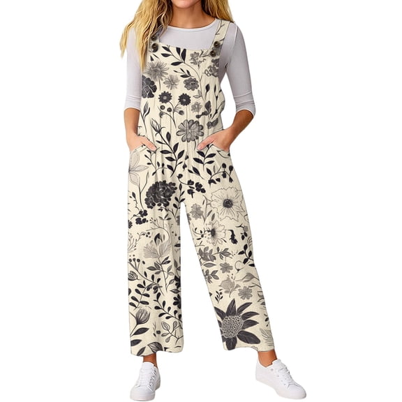 WTOBBY Women's Casual Sleeveless Jumpsuit with Retro Floral Print, Fashionable Loose Fit Design for Comfortable and Stylish Everyday Wear,BeigeL