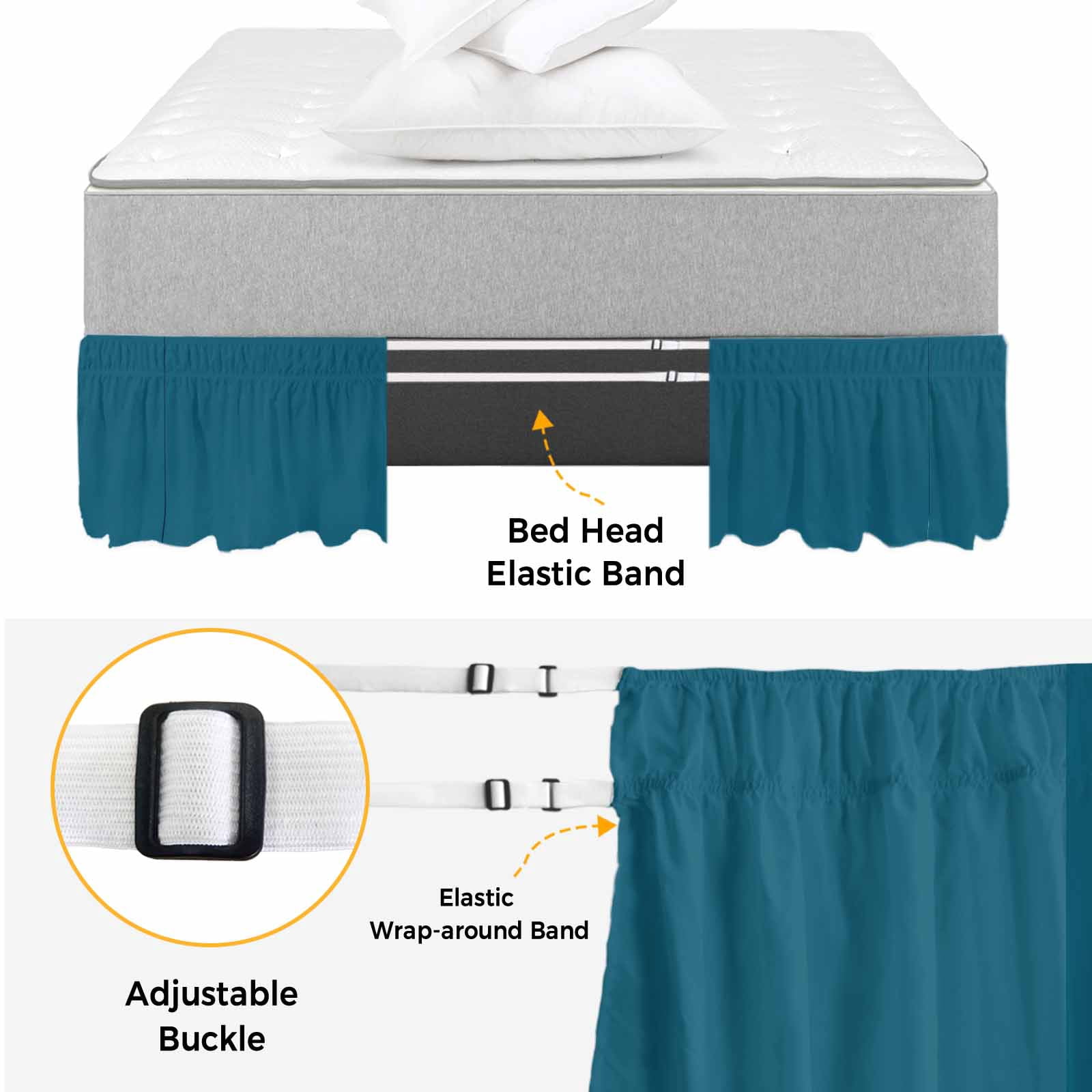 Bed Skirt Solid Dark Adjustable Elastic Wrap-Around Dust Ruffle with Teal 18 Inch Drop, Bed Frame Cover for Queen Size Bed