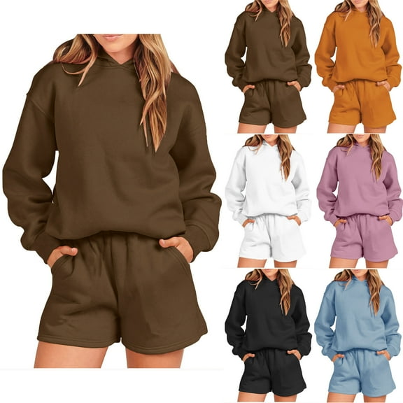 Bovxnpu Summer Casual Outfits For Women, Oversized Lounge Sets 2 Piece Outfits Sweatsuit, Color Hooded Pullover Long Sleeve Hoodie Sweatshirt Shorts Pants Suit M