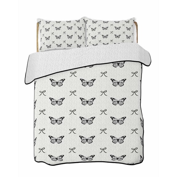 Full Size Quilt Bedding Set, Black Spring Butterfly Reversible Summer Quilt 3 Pieces, Bow Knot Lightweight Bedspreads Coverlets with 2 Pillow Shams for All Seasons