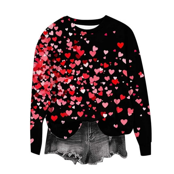 Valentines Outfits for Women Love Heart Print Sweatshirts Crewneck Graphic Sweatshirt Valentines Day Long Sleeve Shirts Cute Spring Tops